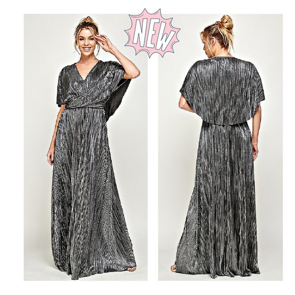 Modcloth Dresses & Skirts - GORGEOUS Silver Crinkle Metallic Threaded Cape Back Maxi Dress S+M+L NEW